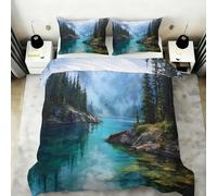 FIEMAR Misty Mountain Duvet Cover Set Single 135 X 200 cm Pine Forest Landscape Bedding Set 3 Piece Soft Lightweight Microfibre Nature Lakes Quilt Cover with Zipper Closure & 2 Pillowcase All Season