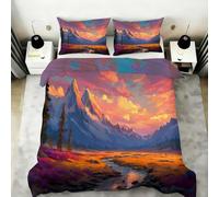 FIEMAR Mountain Duvet Cover Sets Microfiber Comfortable Breathable with Zipper Sunset Landscape Bedding Set Super King Size 260 X 220 cm Pine Forest Quilt Cover with 2 Pillowcases