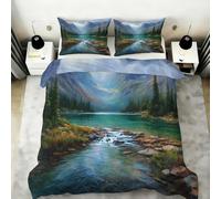 FIEMAR Natural Landscape Duvet Cover Set Single 135 X 200 cm Mountain Bedding Set 3 Piece Printed Microfibre Lakes Streams Pine Forest Quilt Cover with Zipper & Pillowcases
