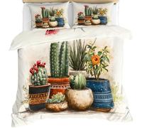 FIEMAR Retro Potted Cactus Duvet Cover Sets King Size 230 X 220 cm Flowers Vintage Succulent Bedding Set 3 Pcs Soft Microfiber Green Potted Plant Bedding Quilt Cover with Zipper Closure & Pillowcases
