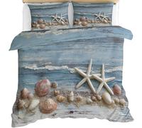FIEMAR Shells and Starfish Duvet Cover Sets Beach Treasures On Old Wooden Boards Girls King Size Bedding Set Seaside Shellfish Collection Bed Set for Girls Comforter Covers Quilt Cover & Pillowcase