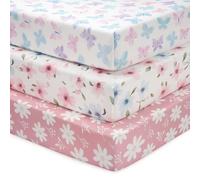 FIEMOL Baby Crib Sheets Girl, 3 Pack Toddler Bed Sheets Fit for 52”x28” Standard Crib and Toddler Mattresses, Super Soft Microfiber Pink Butterfly Flower