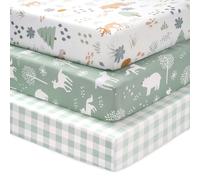 FIEMOL Baby Mini Crib Sheets Boy, Portable Graco Pack and Play Sheets Fitted for 38”x26” Play Yard Mattresses, 3 Pack Soft Microfiber Green Forest Bear