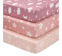 FIEMOL Baby Mini Crib Sheets Girl, Portable Graco Pack and Play Sheets Fitted for 38”x26” Play Yard Mattresses, 3 Pack Soft Microfiber Pink Stars