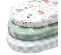 FIEMOL Baby Moses Basket Sheets, 81x41 cm Pram Sheets Fitted Universal Fit for Bassinet Cradle Oval Rectangle Round Mattress, 3 Pack Ultra Soft & Silky Smooth Microfiber Green Forest Bear