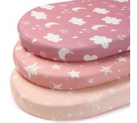 FIEMOL Baby Moses Basket Sheets, 81x41 cm Pram Sheets Fitted Universal Fit for Bassinet Cradle Oval Rectangle Round Mattress, 3 Pack Ultra Soft & Silky Smooth Microfiber Pink Stars