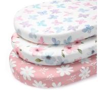 FIEMOL Baby Moses Basket Sheets Girl, 81x41 cm Pram Sheets Fitted Universal Fit for Bassinet Cradle Oval Rectangle Round Mattress, 3 Pack Ultra Soft & Silky Smooth Microfiber Pink Butterfly Flower