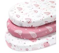FIEMOL Baby Moses Basket Sheets Girl, 81x41 cm Pram Sheets Fitted Universal Fit for Bassinet Cradle Oval Rectangle Round Mattress, 3 Pack Ultra Soft & Silky Smooth Microfiber Pink Rainbow