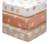 FIEMOL Mini Crib Sheets for Boys, Portable Graco Pack and Play Sheets with Corners for Mattresses 96.5 x 66cm, Pack of 3 in Soft Microfiber, Orange Rainbow Sun