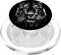 Fierce Black and White Face Tiger Face Wildlife Illustration PopSockets PopGrip for MagSafe