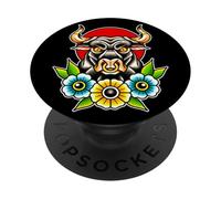 Fierce Bull Nose Ring Flowers Traditional Tattoo Flash PopSockets Adhesive PopGrip
