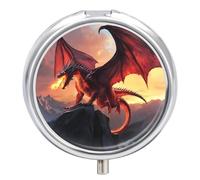 Fierce Dragon Cute Metal Pill Box | Round Pill Case with 3 Compartments and Mirror for Vitamin Fish Oils