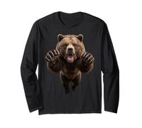 Fierce Leaping Grizzly Bear Wild Animal Graphic Long Sleeve T-Shirt