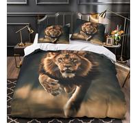 Fierce lion charging 3D Printed Comforter Cover 3-Piece Microfiber Breathable Soft Wild animal action Duvet Cover 2 Matching Pillowcases Durable Home Decor Family Bedroom Super king（260x220cm）