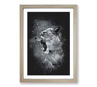 Fierce Lioness Paint Splash Framed Print | A2 Oak Framed Wall Art | Ready to Hang | Modern Nature Picture | Living Room Bedroom Lounge Office