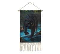 Fierce Panther Hanging Wall Art Poster Cotton Linen Picture for Home Decor with Tassel