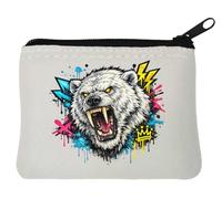 Fierce Roaring Polar Bear Illustration Neoprene Coin Purse Pouch 10x11cm White