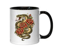 Fierce Snake Entwined with Blooming Roses Ceramic Tea Coffee Mug Black