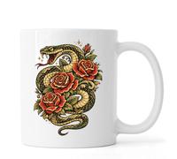 Fierce Snake Entwined with Blooming Roses Ceramic Tea Coffee Mug White