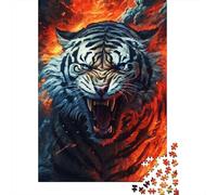 Fierce Tiger Jigsaw Puzzle 1000 Piece Jigsaw Puzzle Roaring Fire Background Paper Puzzle Game for Adults Home Décor Gift 52x38cm/1000pcs