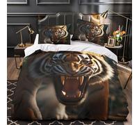 Fierce tiger roar 3D Printing Quilt Cover 3-Piece Microfiber Lightweight Breathable Wild animal photography Comforter Cover 2 Pillowcases Hidden Zipper Bed Set Girls Bedroom Single（140x200cm）