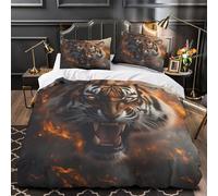 Fierce tiger roaring 3D Digital Print Comforter Cover 3pcs 100% Microfibre Skin-Friendly Stain Wild animal Duvet Cover 2 Pillow Shams Zippered Closure Lightweight Family & Guests Double（200x200cm）