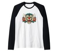 Fierce Tiger Rose Traditional Tattoo Design Raglan Baseball Tee