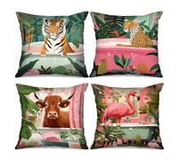Fierce Tiger Throw Pillow Covers Bathtub Jungle Cheetah Pillowcase Cute Cow Cushion Cover Pink Flamingo with Flowers and Leaf Cushion Case 4 Set Cartoon Couch Sofa Office Decor Gift(18 x18 Inch)