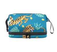 Fierce Tigers Double Layer Cosmetic Bag for Women and Girls, Travel Toiletry Bag Makeup Handy Pouch Organiser Bag with Brush Compartment