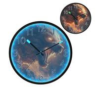 Fierce Wolf Fire Night Light Wall Clock LED Wall Clocks Silent Battery-Operated Glow in The Dark Large Digital Display for Bedroom Living Room Kitchen, 12 Inch