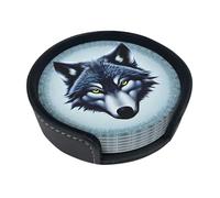 Fierce Wolf Head Creative Round Coaster (3.9 inches), PU Leather Coaster, Suitable for car, Kitchen, Restaurant, Office, etc.