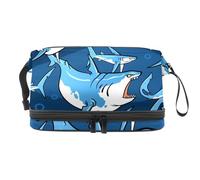 Fiercely Sharks on Dark Blue Double Layer Cosmetic Bag for Women and Girls, Travel Toiletry Bag Makeup Handy Pouch Organiser Bag with Brush Compartment