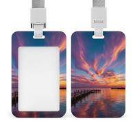 Fiery Clouds Sunset At Sea Fashion ID Badge Holder Sliding Vertical Name Tag Card Protector with Lanyard
