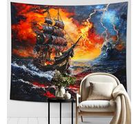 Fiery Pirate Ship Tapestry, Vibrant Red Black Decorative Wall Hanging, Nautical Aesthetic for Living Room, Dorm, Singular Home Decor 60x40 Inch