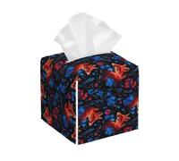 Fiery Red Blue Flower Fox Print Tissue Box Cover Holder Square, Foldable Modern Cube Tissue Box Cover, Leather Decorative Organizer for Tabletop Bathroom Car Office Desk Decor