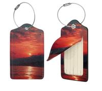 Fiery red Sunset Luggage Tag for Suitcase PU Leather Suitcase Tag with Stainless Steel Loop and Address Card Baggage Tags Cute Bag Name Travel Tags ID Labels for Women Men 2 PCS