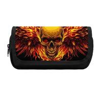 Fiery Skull with Wings Cute Double Pencil Case Large Capacity Portable Zippered Pen Pouch Bag for Office Unisex