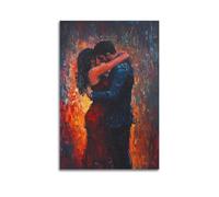 Fiery Sky Landscape Wall Art, Passionate Romantic Couple Embracing Hanging Paintings Poster, Dramatic Palette Knife Art Decor for Bedroom And Living Room Space 16x24inch(40x60cm)
