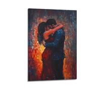 Fiery Sky Landscape Wall Art, Passionate Romantic Couple Embracing Hanging Paintings Poster, Dramatic Palette Knife Art Decor for Bedroom And Living Room Space 08x12inch(20x30cm)