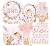 Fiesec Fairy First Birthday Supplies Tableware Set, Floral Enchanted Themed 1st Birthday Party Decorations, Our Little Fairy is Turning One Flower Garden Party Supplies for One Year Old Girl Pink