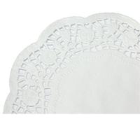 Fiesta CE992 Disposable Round White Paper Doilies, Pack of 250 | Protects display platters and cake stands from grease while elegantly presenting pastries for busy caterers.