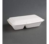 Fiesta Compostable Bagasse Hinged 2-Compartment Takeaway Food Containers 253mm (Pack of 200), 165(W) x 253(D) mm | 6 1/2 x 10 inch, White, Commercially Compostable BS EN 13432, FC524