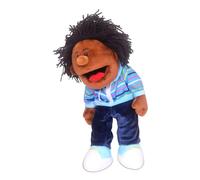Fiesta Crafts Boy Dark Skin Hand Puppet, Moving Mouth & Arms | Soft & Interactive Toy, Role Play, Creativity & Sensory Skills for Kids