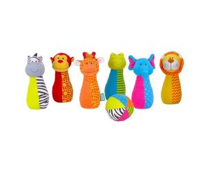Fiesta Crafts Skittles Game for Kids - Jingly Jungle Bowling Set with 6 Animal Skittles & 1 Multicoloured Ball - Bright, Soft, & Embroidered Sensory Toys for 1 Year Old & Above Boys, Girls, & Toddler