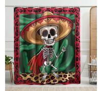 Fiesta Day of The Dead Shower Curtain, Multicolor Skeleton Sombrero Shower Curtain for Bathroom Decor, Fall Holiday Mexican Style Waterproof Fabric Shower Curtain with Hooks 72x72 Inch