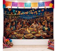 Fiesta Dinner Party Celebration Cinco De Mayo Backdrop Banner 83x59 Inch | Authentic Mexican Dining Theme, Photography Backdrop, Festive Outdoor Evening Atmosphere, Colorful Papel Picado Decor