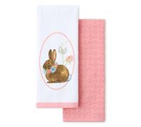 Fiesta Easter Bunny Kitchen Towels 2-Pack Set, Spring Décor, 100% Cotton, Lint-Free & Absorbent, Pink/Multi, 16"x28"