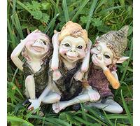 Fiesta Studios Pixie Hear, See, Speak No Evil - Green Garden Home Decor - Fun Quirky Gift Figurine - Anthony Fisher