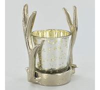 Fiesta Studios Silver Antler Single Tea Light Candle Holder With Glass Metal Winter Stag Deer Decor for Country Home Gift H10.5cm
