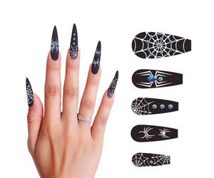 FIESTAS GUIRCA | 12 Long Spider Nails with Glue - Fancy Dress Accessory for Halloween and Witch Parties - Ideal for Adult Women - False Nails for Horror and Gothic Costumes - Black